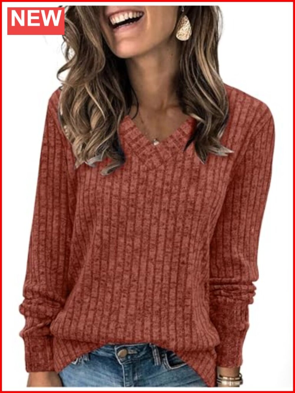 V Neck Long Sleeve Tunic Sweater for Women Loose Fit Casual Fall Top